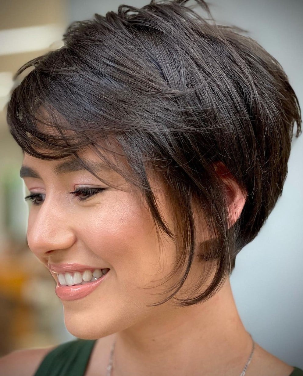 Dark Brown Layered Bob With Side Swept Bangs — Simple Pixie Bob