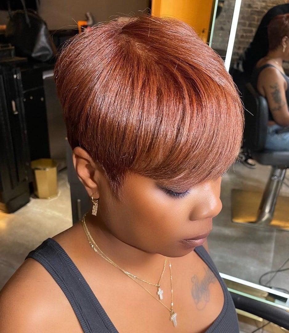 Vibrant Copper Pixie With Side Swept Style — Simple Pixie Hairstyles