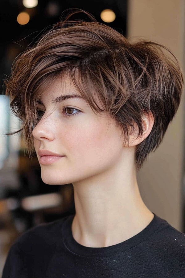 Textured Dark Brown Pixie With Side-Swept Bangs — Simple Pixie Hairstyles