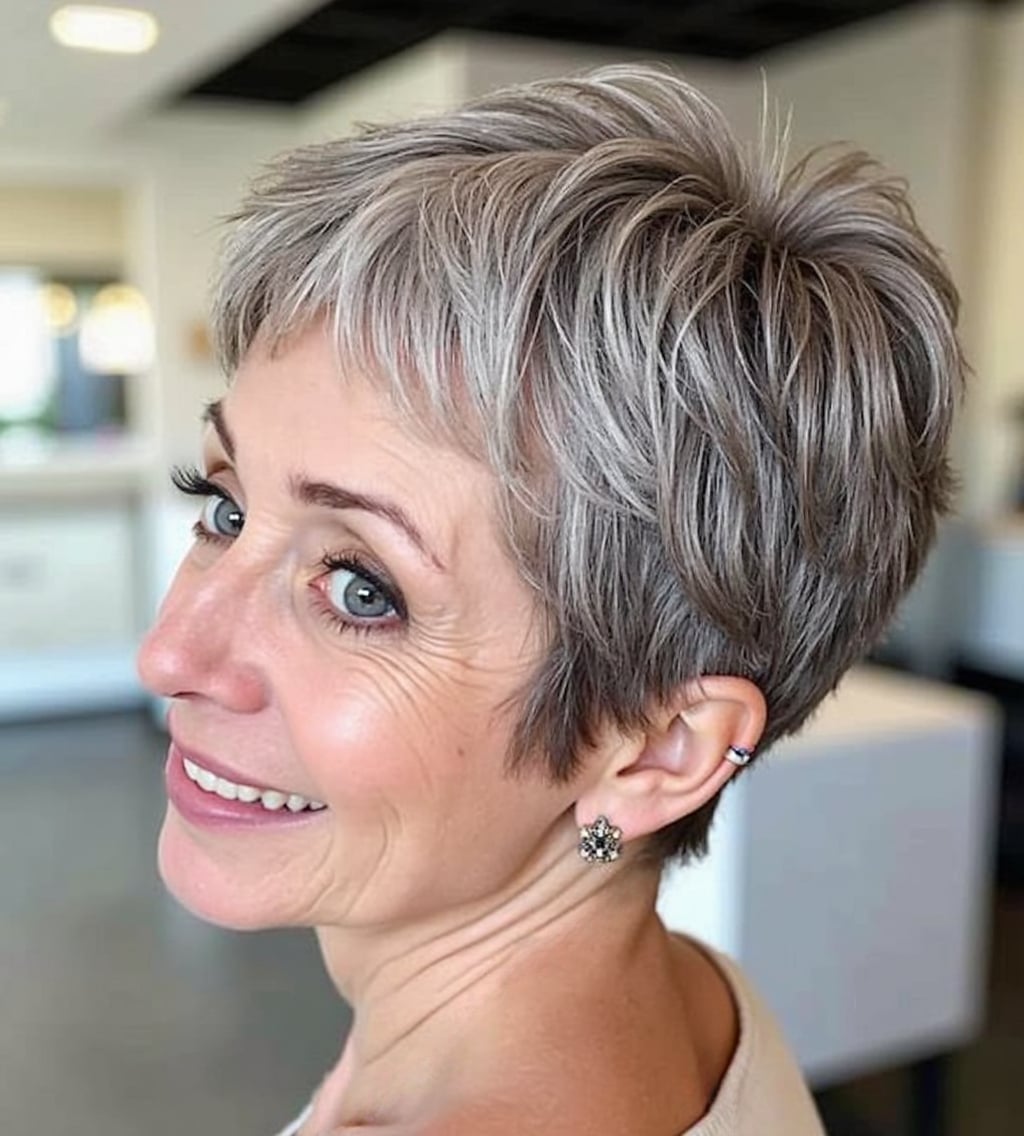 Textured Grey Pixie With Silver Highlights — Simple Pixie Hairstyles