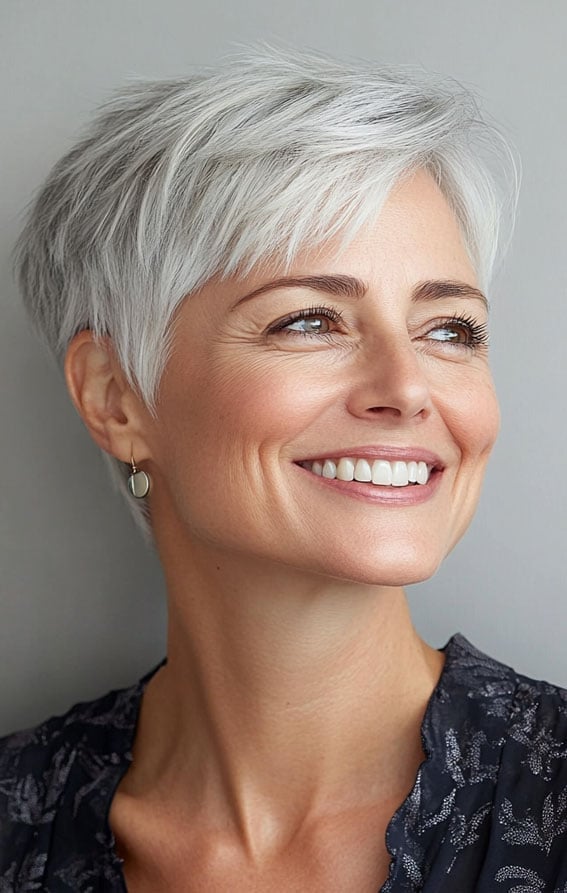 Silver Grey Pixie With Soft Layers — Simple Pixie Hairstyles