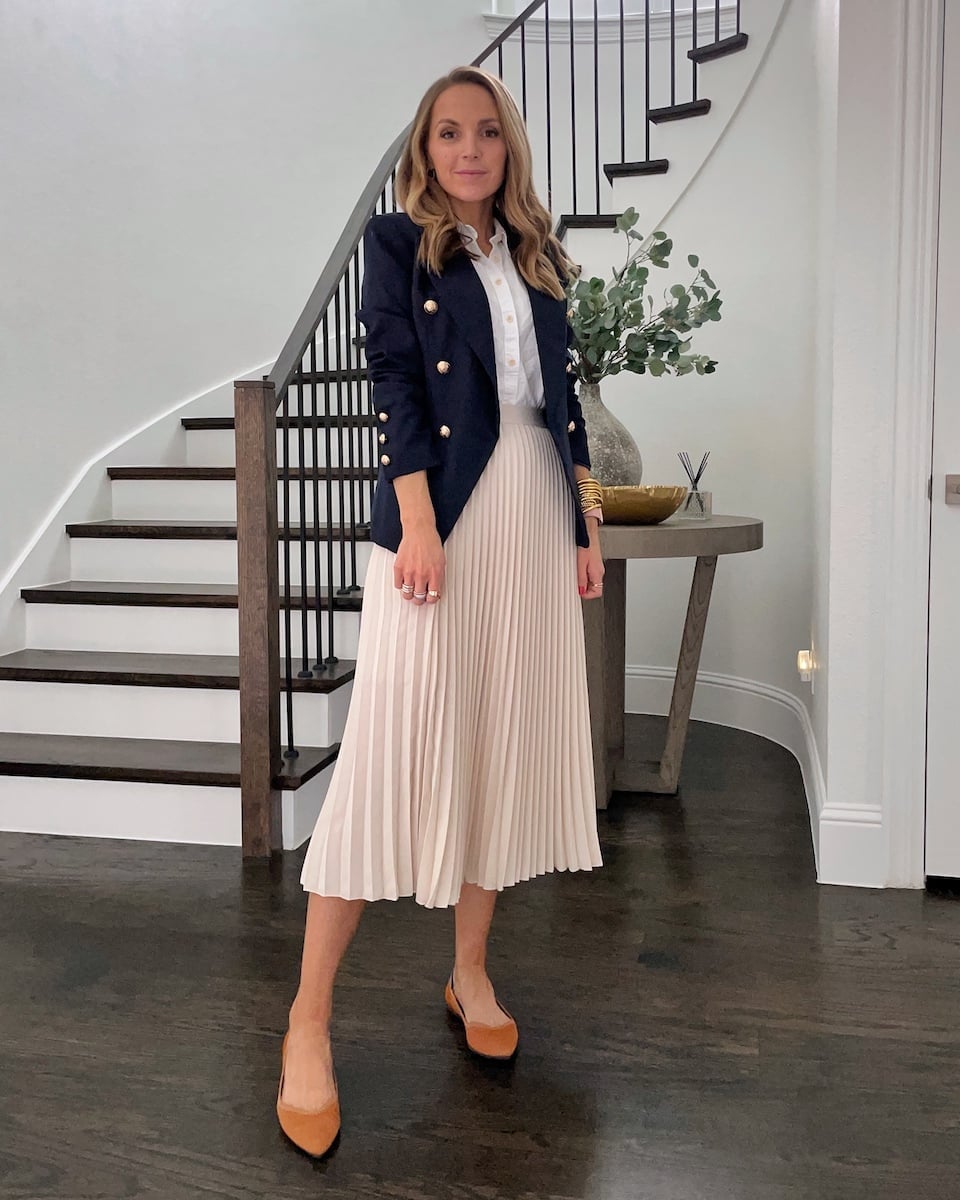 Cream Pleated Midi Skirt with Sharp Pleats and a Blazer — Simple Pleated Skirt Outfits