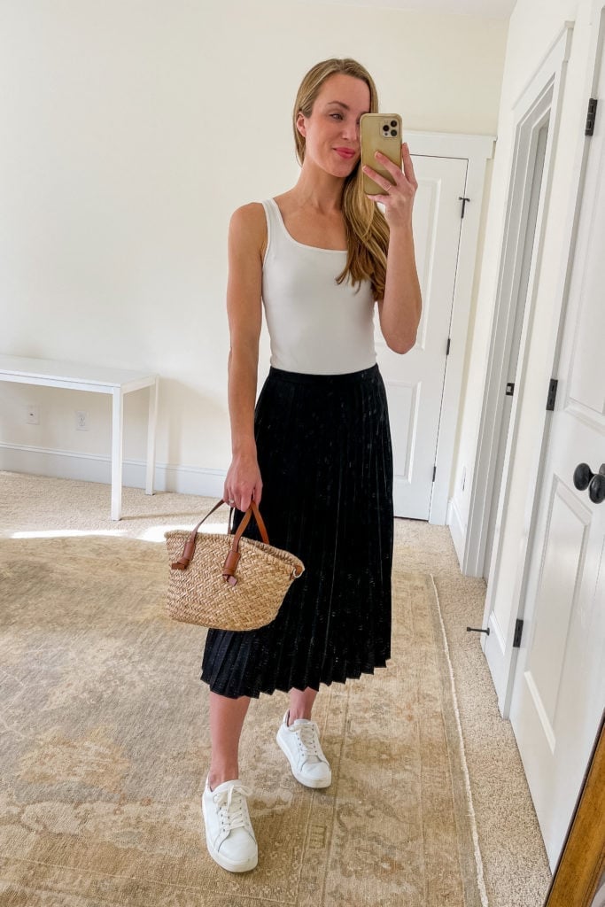 Black Velvet Pleated Midi Skirt with a White Tank — Simple Pleated Skirt Outfits