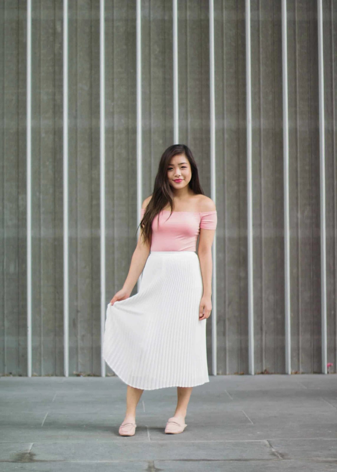 White Pleated Midi Skirt with an Off-The-Shoulder Top — Simple Pleated Skirt Outfits