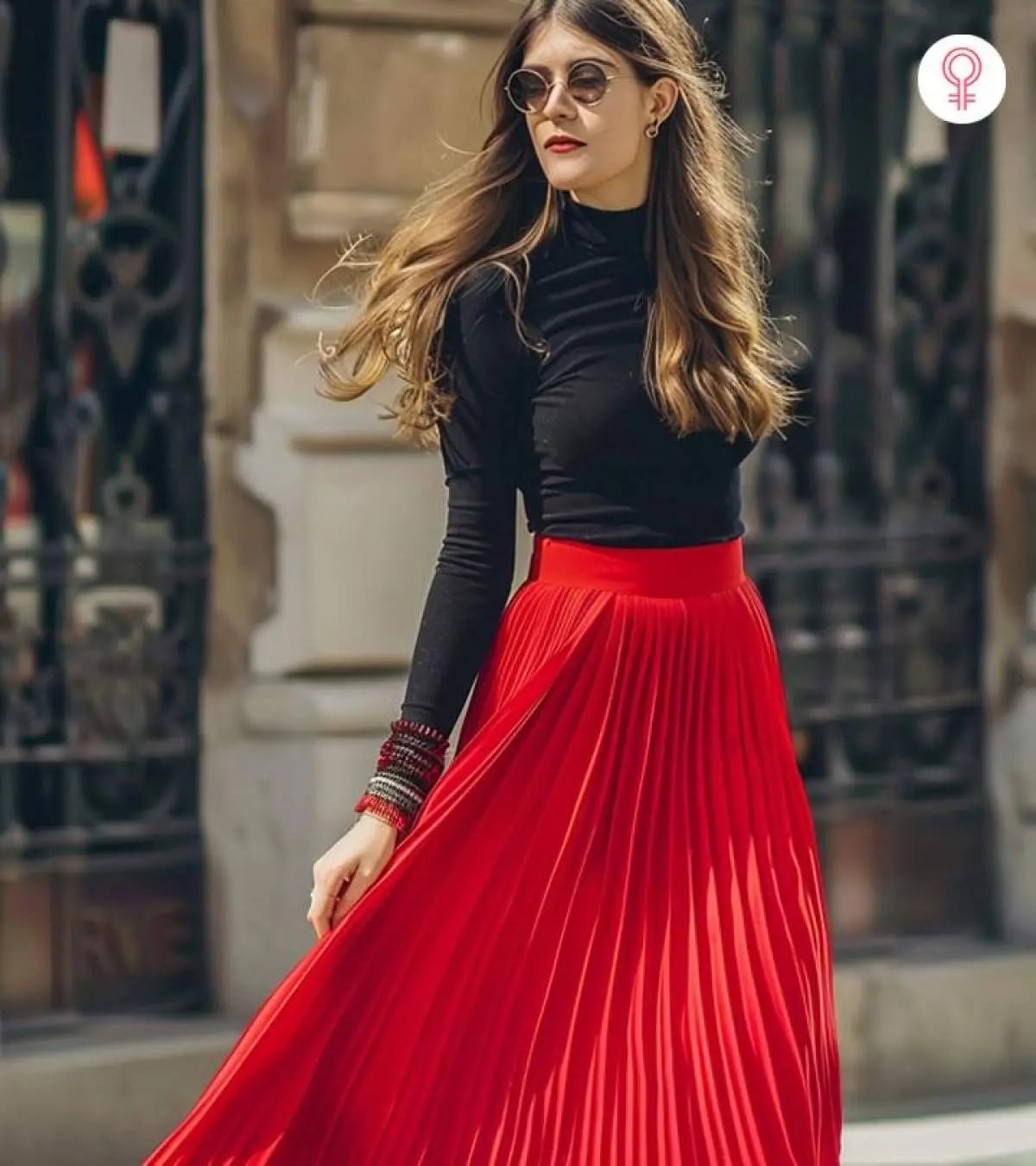 Vibrant Red Pleated Maxi Skirt with a Black Turtleneck — Simple Pleated Skirt Outfits