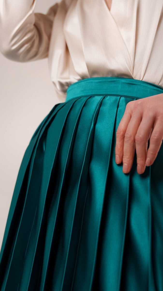 Teal Satin A-line Skirt with a Cream Satin Blouse — Simple Pleated Skirt Outfits