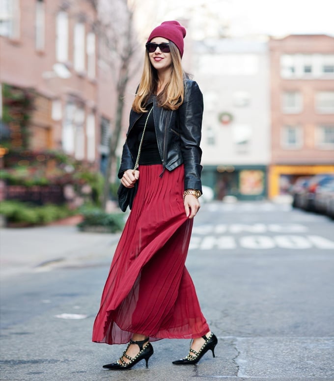 Red Chiffon Pleated Maxi Skirt with a Leather Jacket — Simple Pleated Skirt Outfits