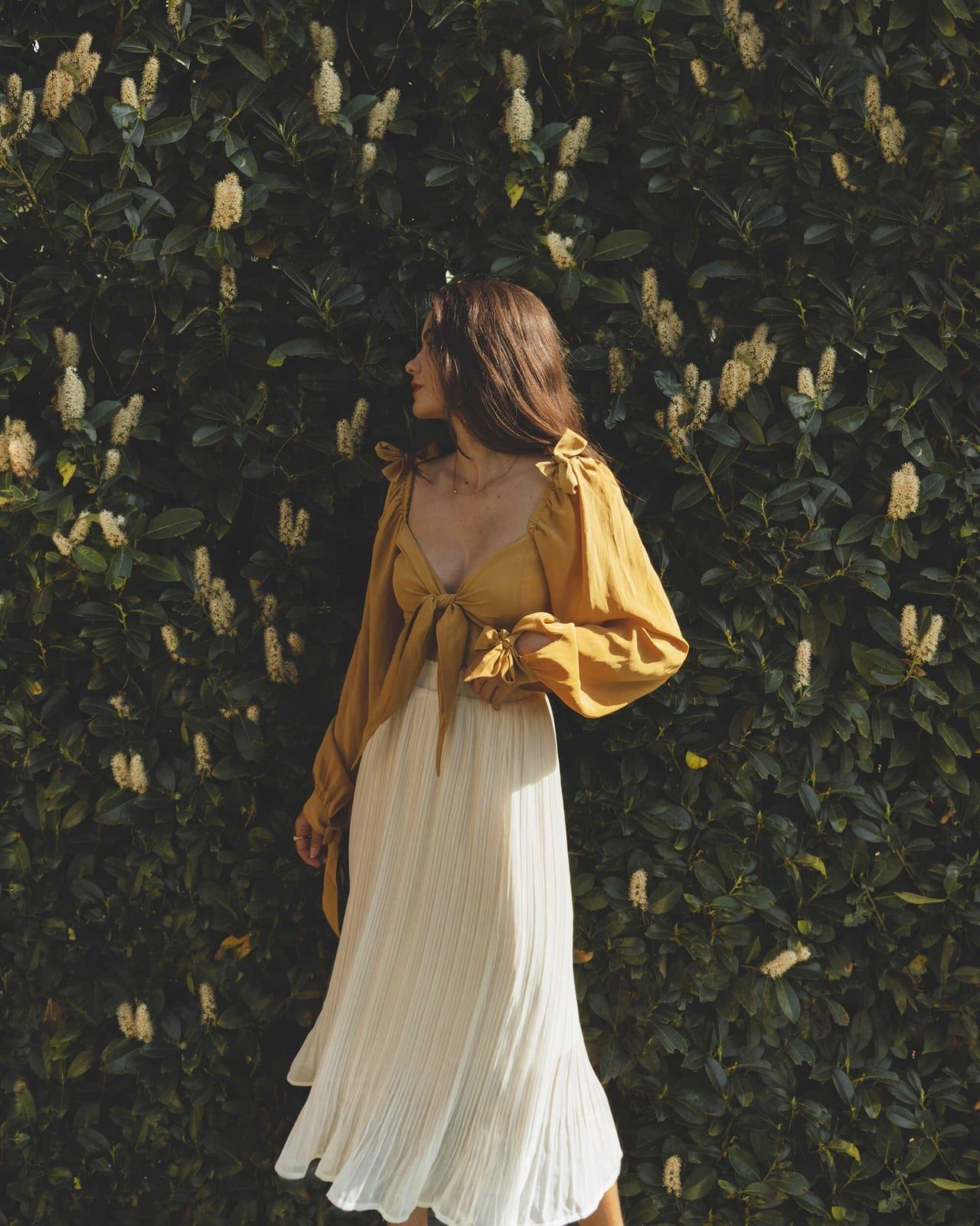 Flowy Cream Pleated Chiffon Skirt with a Silk Blouse — Simple Pleated Skirt Outfits
