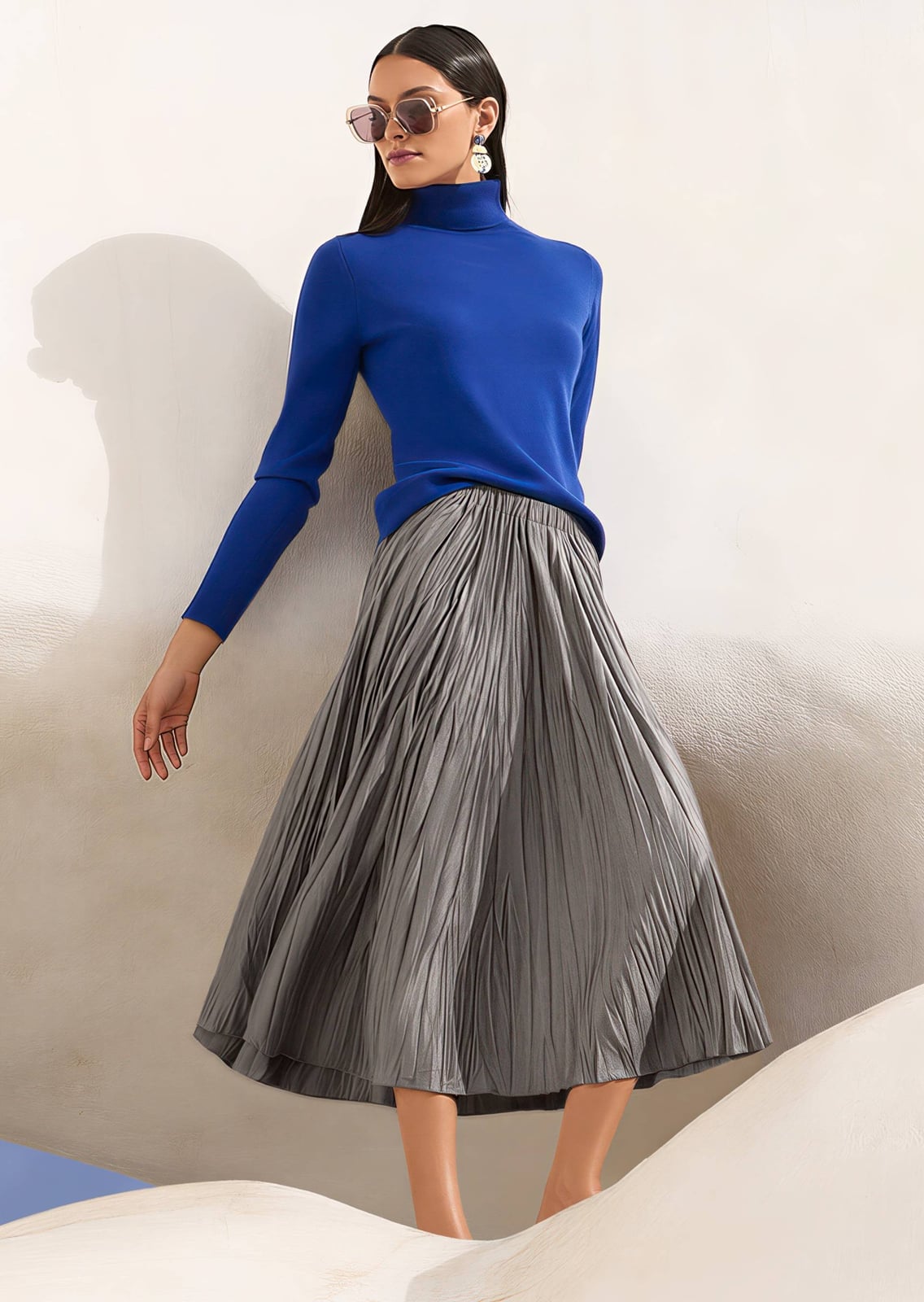 Grey Pleated Midi Skirt with a Royal Blue Turtleneck — Simple Pleated Skirt Outfits