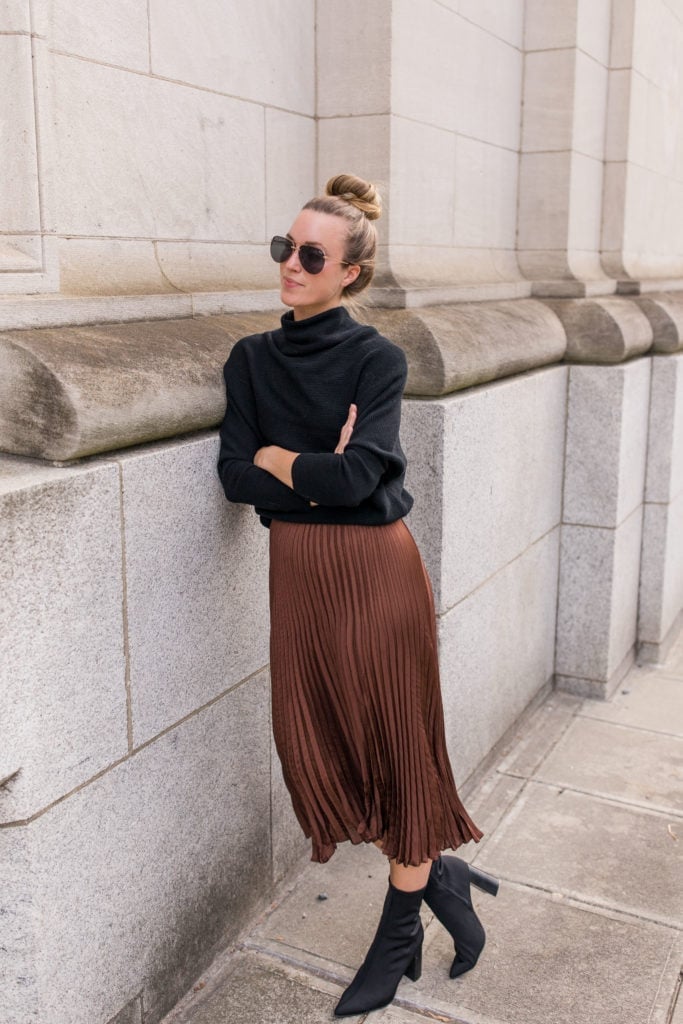 Brown Metallic Pleated Midi Skirt with a Black Turtleneck — Simple Pleated Skirt Outfits