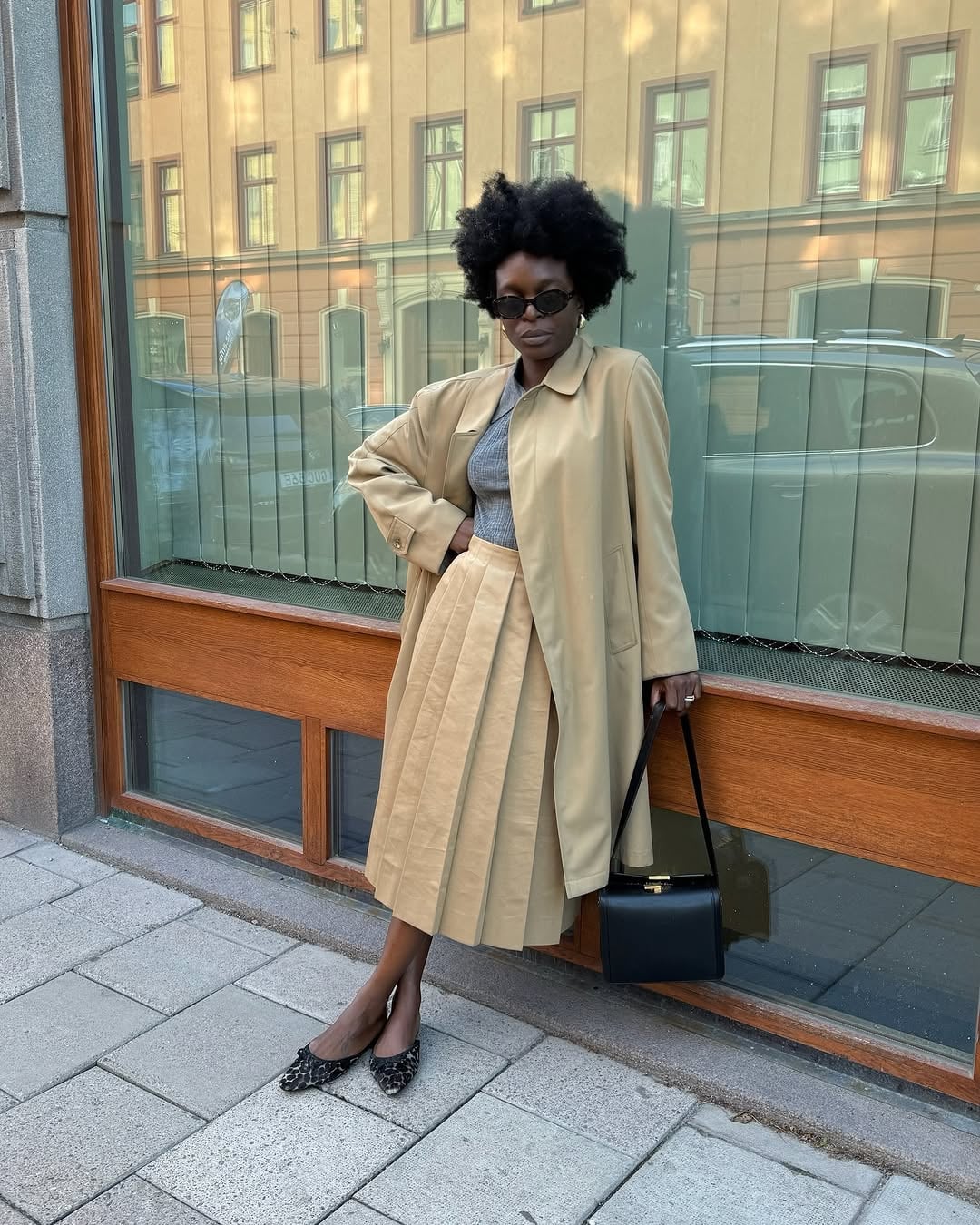 Beige Satin Midi Skirt with a Trench Coat — Simple Pleated Skirt Outfits