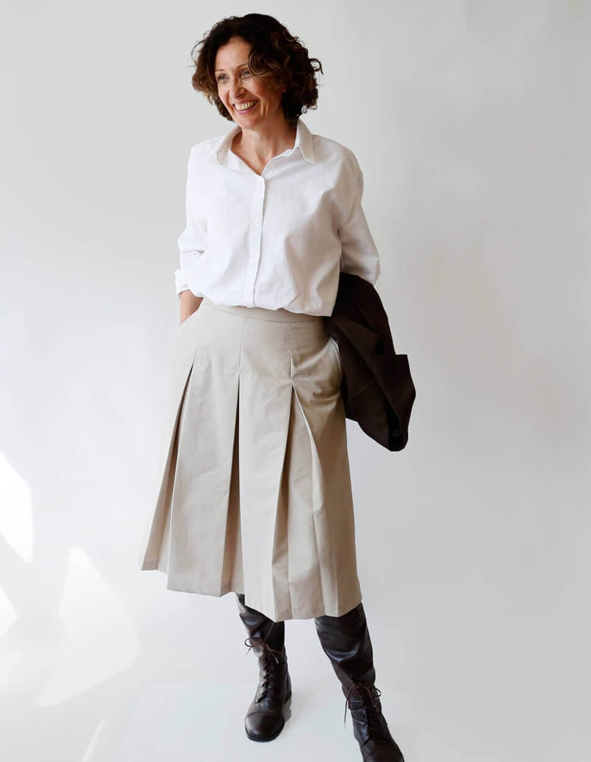 Beige Midi Skirt with Wide Pleats and a White Button-Down — Simple Pleated Skirt Outfits
