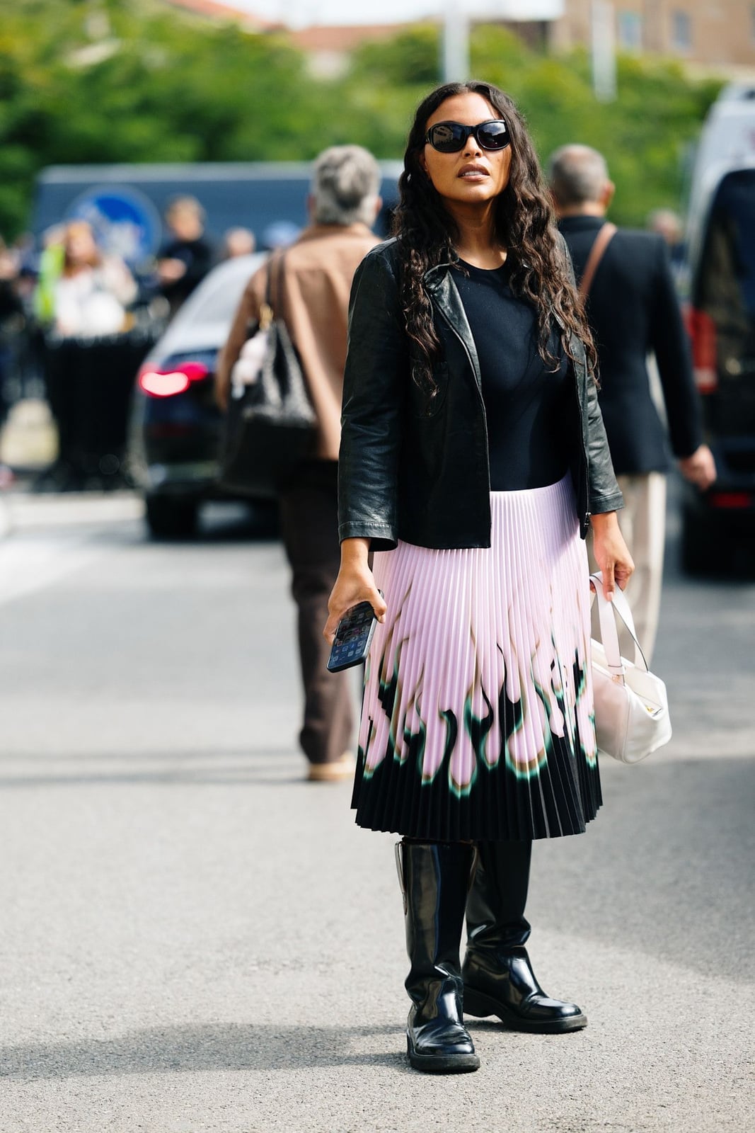 Flame Print Pleated Midi Skirt with a Leather Jacket — Simple Pleated Skirt Outfits