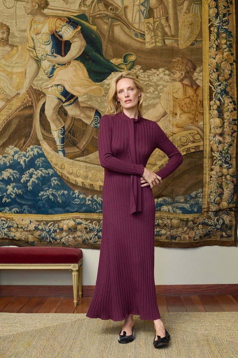 Ribbed Knit Dress With Tie Neck Detail Ribbed Knit Dress With Tie Neck Detail — Simple Plum Dress