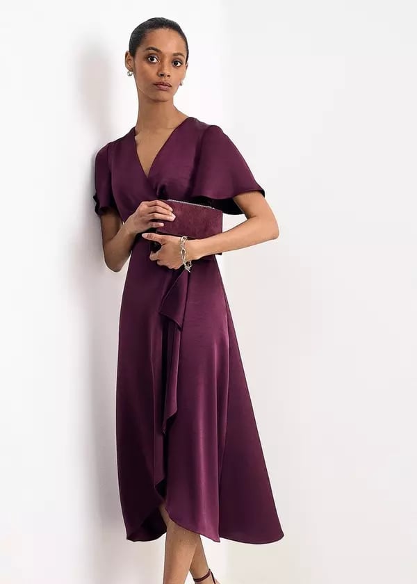 Deep Plum Satin Wrap Dress With Ruffle Detail Deep Plum Satin Wrap Dress With Ruffle Detail — Simple Plum Dress