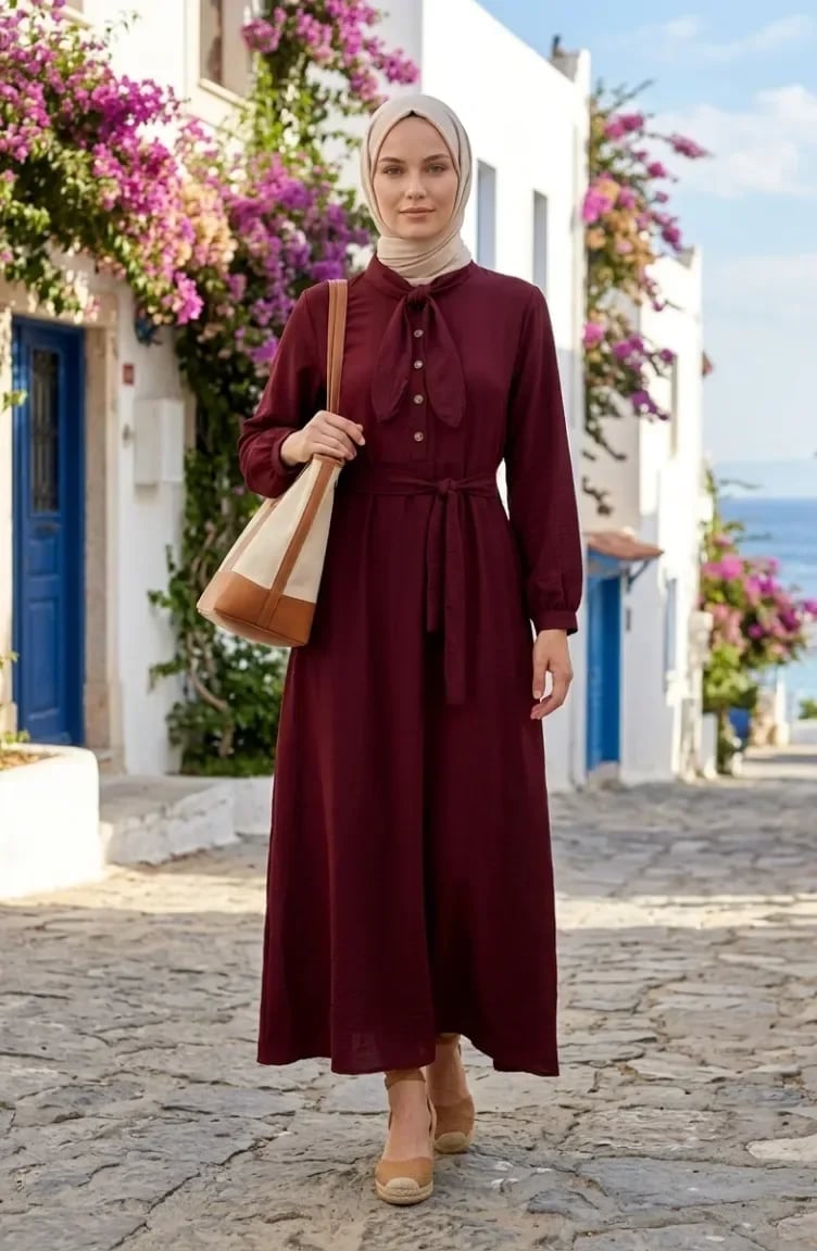 Burgundy A-Line Dress With Bow Detail Burgundy A-Line Dress With Bow Detail — Simple Plum Dress