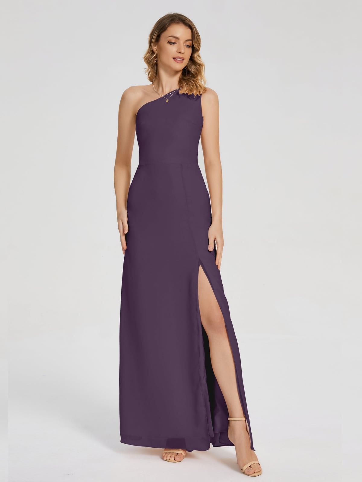 Deep Plum Chiffon One-Shoulder Column Dress Deep Plum Chiffon One-Shoulder Column Dress — Simple Plum Dress