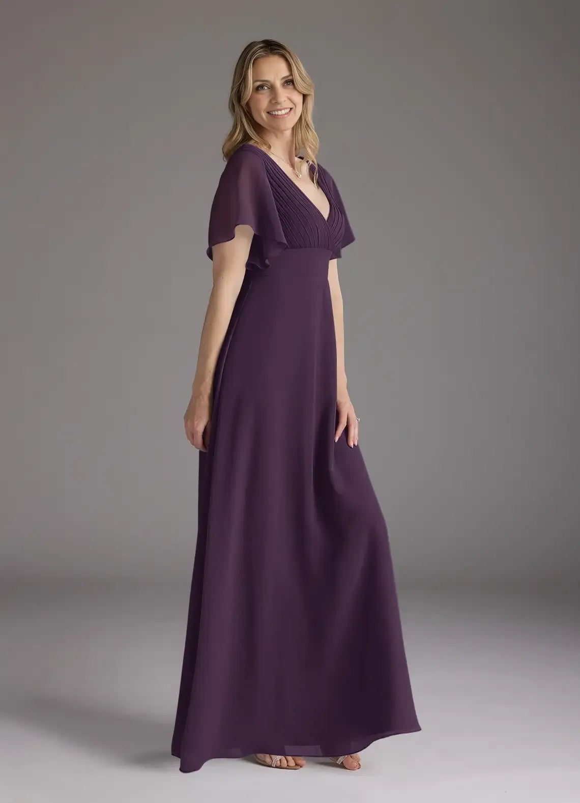 Deep Purple A-Line Floor-Length Dress With Flutter Sleeves Deep Purple A-Line Floor-Length Dress With Flutter Sleeves — Simple Plum Dress