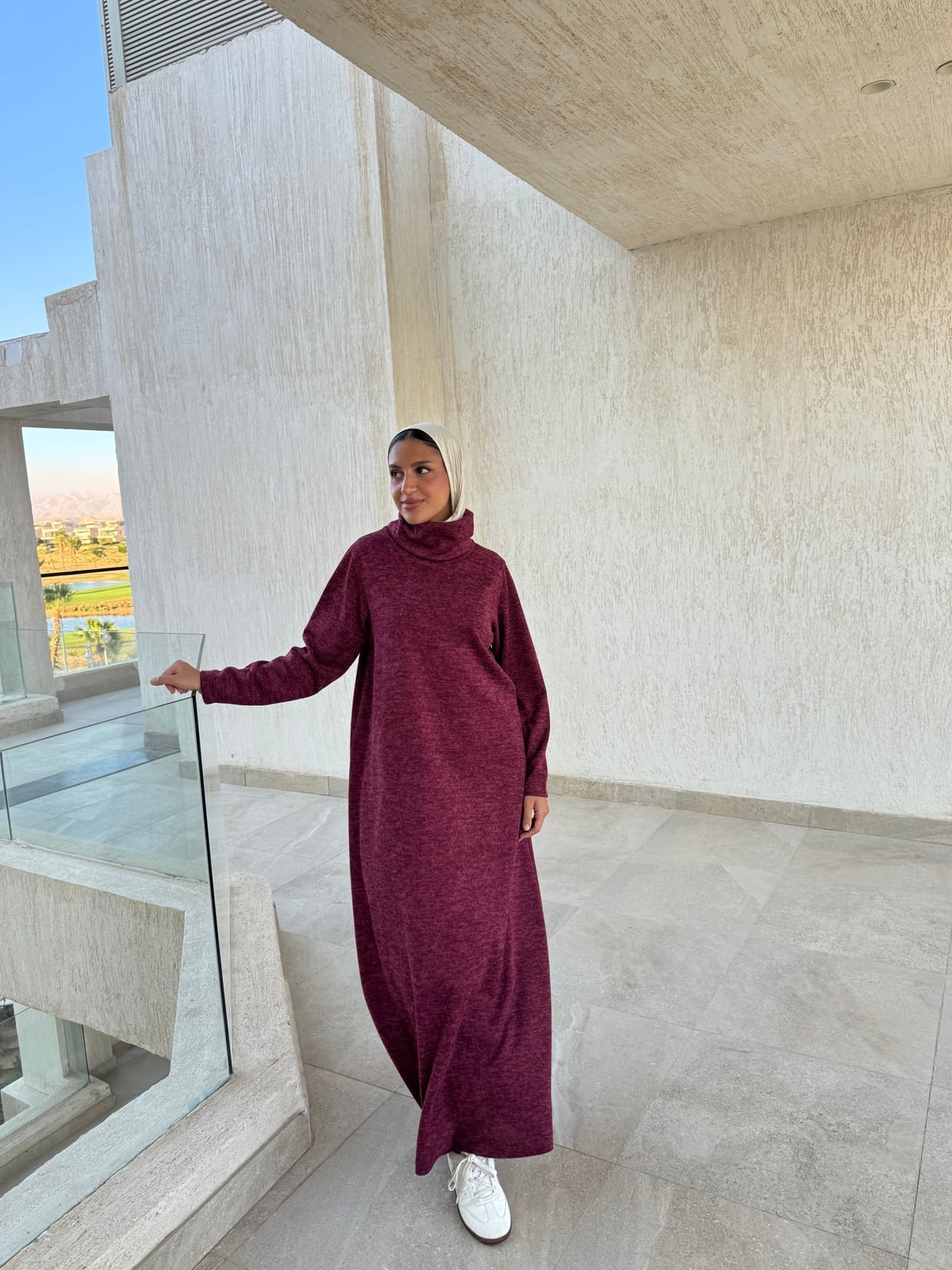 Maroon Turtleneck Maxi Dress With Sneakers Maroon Turtleneck Maxi Dress With Sneakers — Simple Plum Dress
