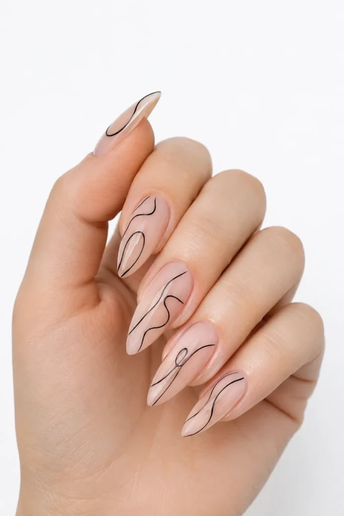 Sheer Nude Stiletto With Black Abstract Lines — Simple Pointy Nails