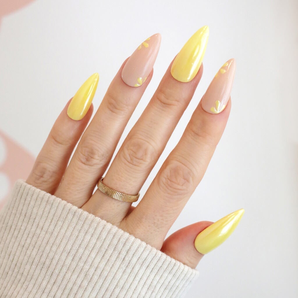Yellow And Pink Stiletto With Floral Accents — Simple Pointy Nails