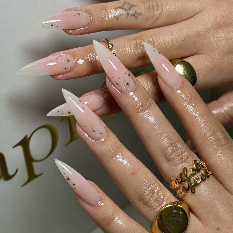 Sheer Pink French Stiletto With Gold Stars — Simple Pointy Nails