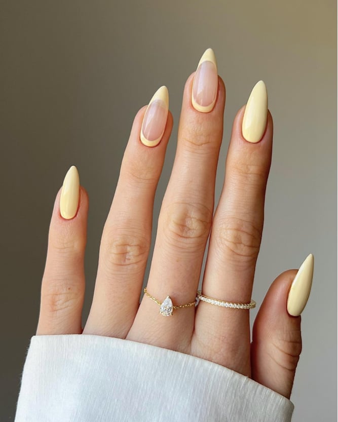 Sheer Nude With Pale Yellow French Tips — Simple Pointy Nails