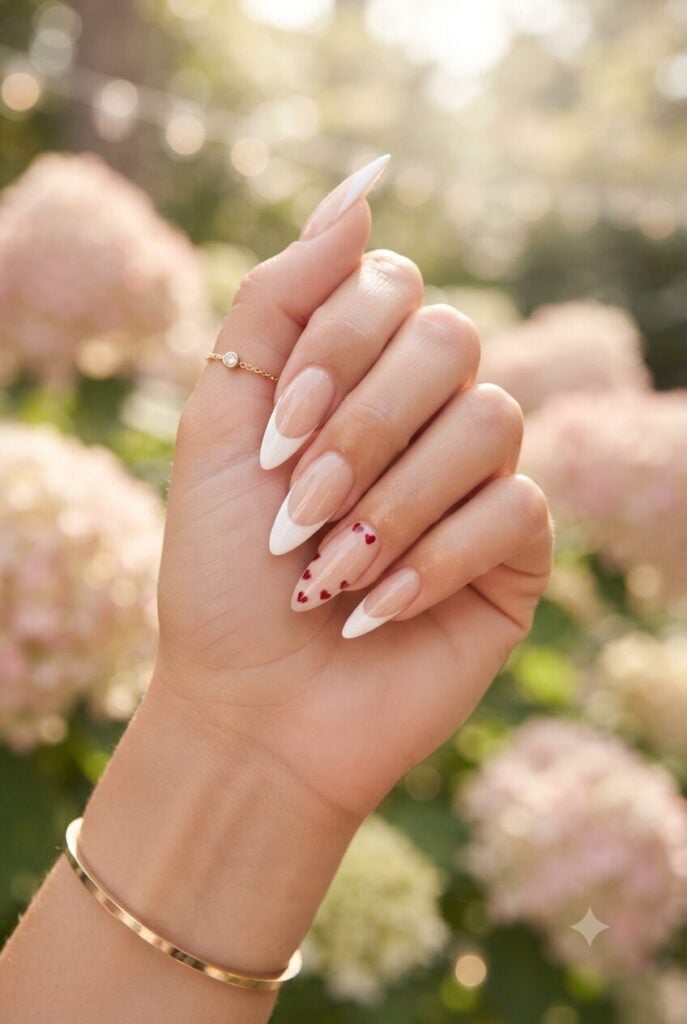 Almond French With Red Heart Decals — Simple Pointy Nails