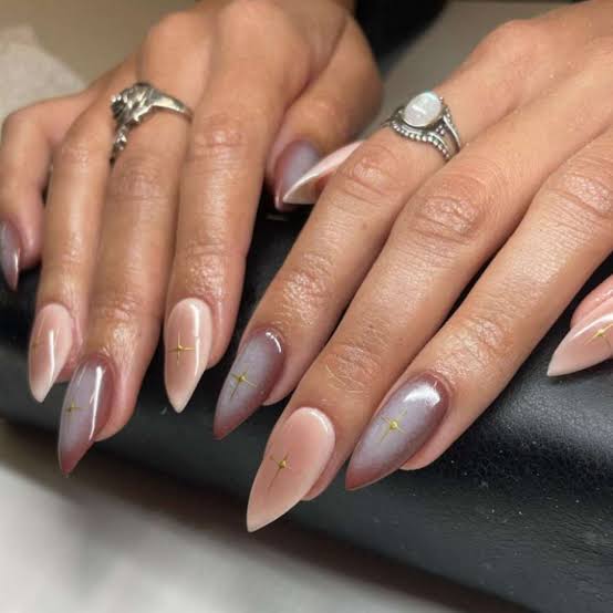 Nude Smoky Brown Ombre Velvet Stiletto Nails — Simple Pointy Nails
