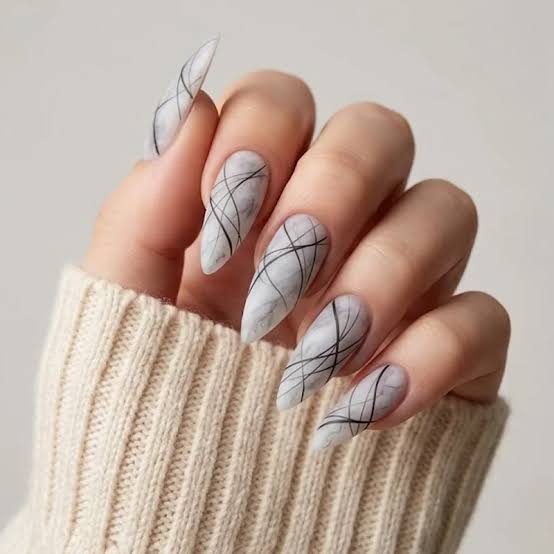 Grey Marble Matte Stiletto Nails With Black Lines — Simple Pointy Nails