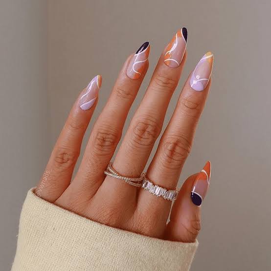 Sheer Nude Stiletto With Abstract Art — Simple Pointy Nails