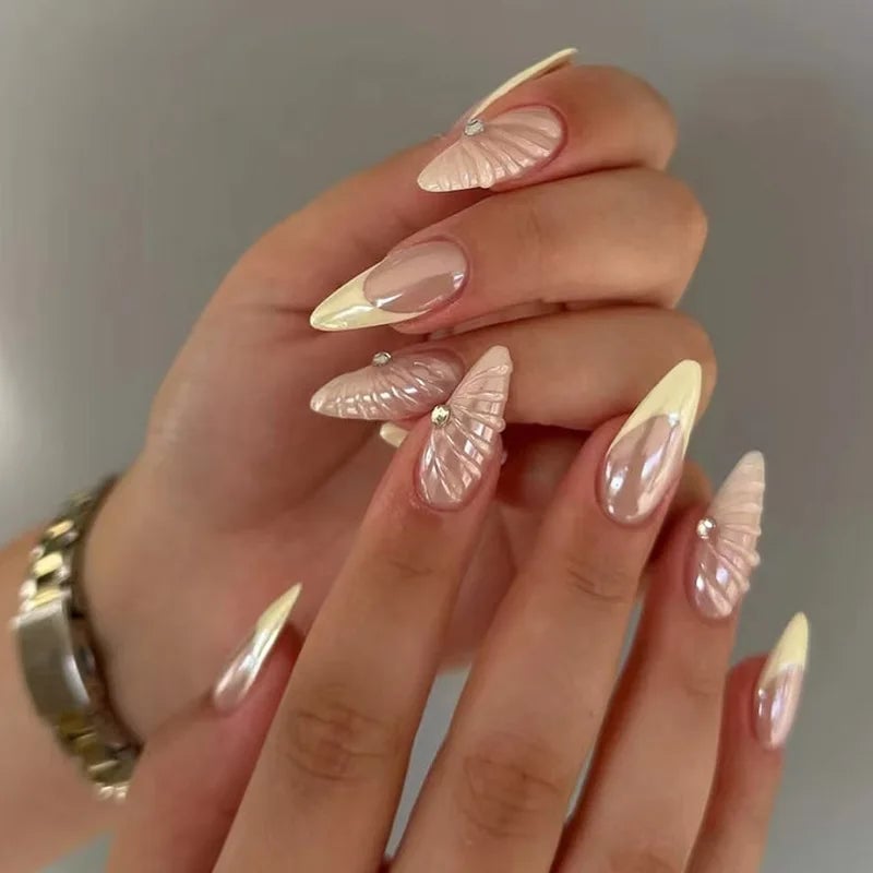 Creamy French With Pearl Embellishments — Simple Pointy Nails