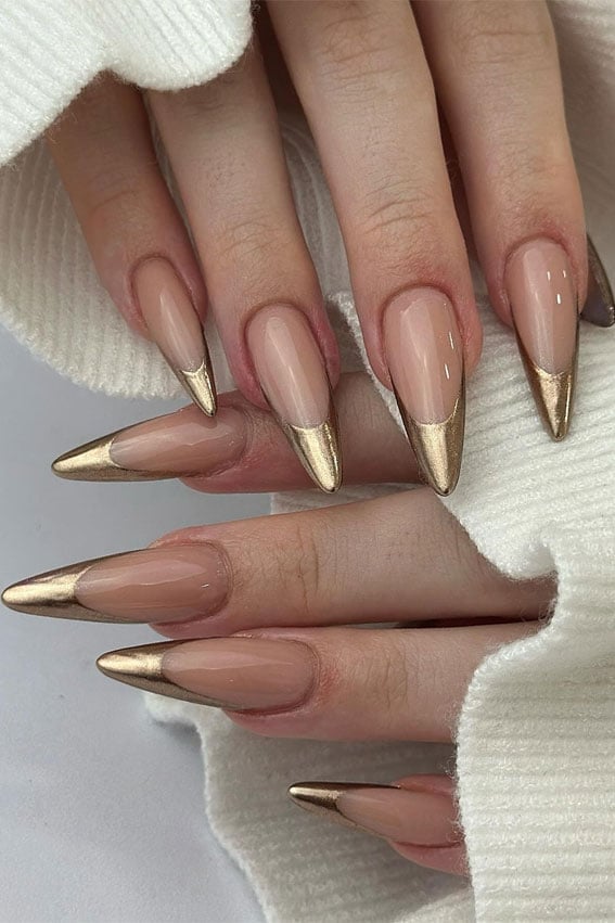 Sheer Nude Stiletto With Gold Metallic French Tips — Simple Pointy Nails