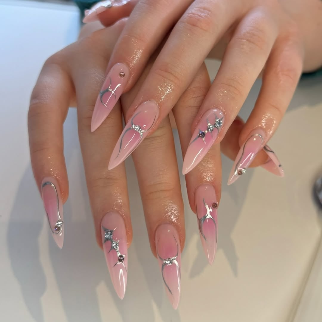 Sheer Pink Stiletto With Silver Accents — Simple Pointy Nails