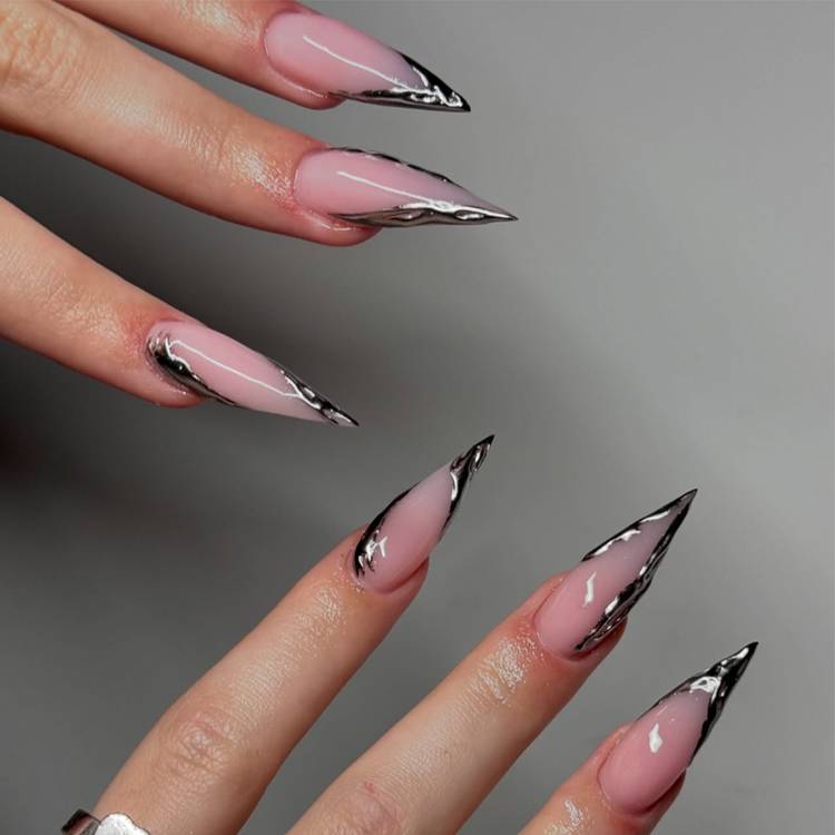 Sheer Pink Stiletto With Metallic Silver Tip Outline — Simple Pointy Nails