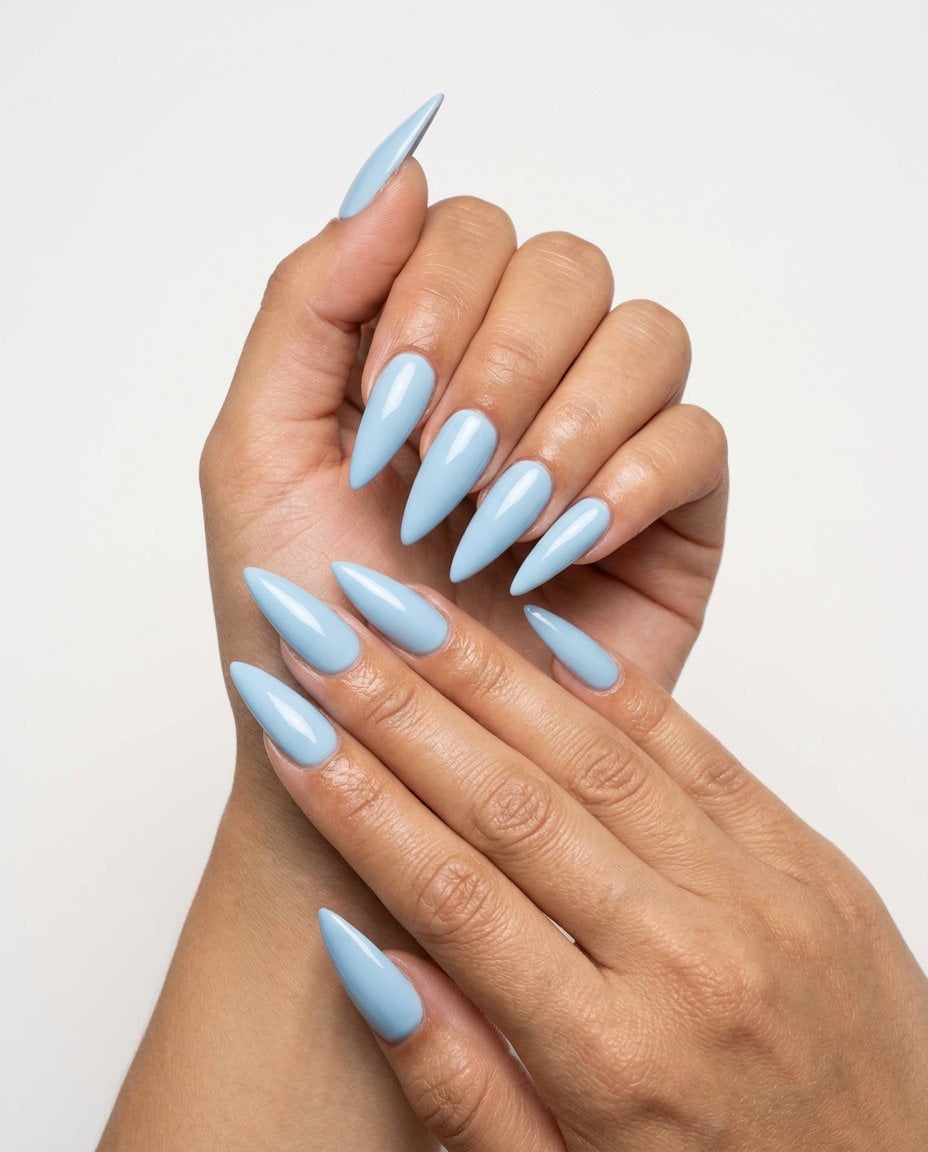 Light Pastel Blue Glossy Stiletto Nails — Simple Pointy Nails