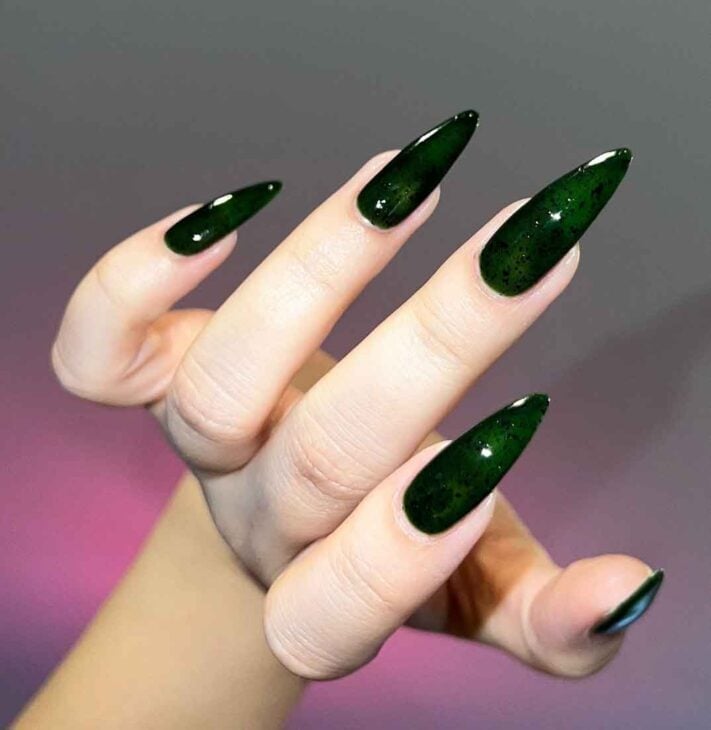 Deep Forest Green Stiletto With Dark Speckles — Simple Pointy Nails