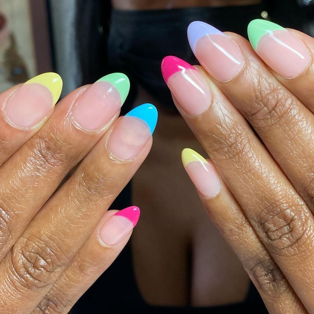 Pastel Rainbow French Tips Medium Almond, Close-Up Take — Simple Rainbow Nails