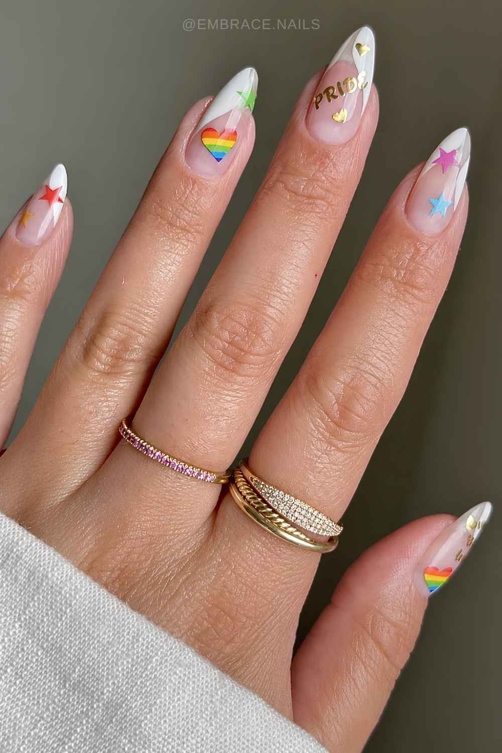 Rainbow Heart and Pride Text Long Almond — Simple Rainbow Nails