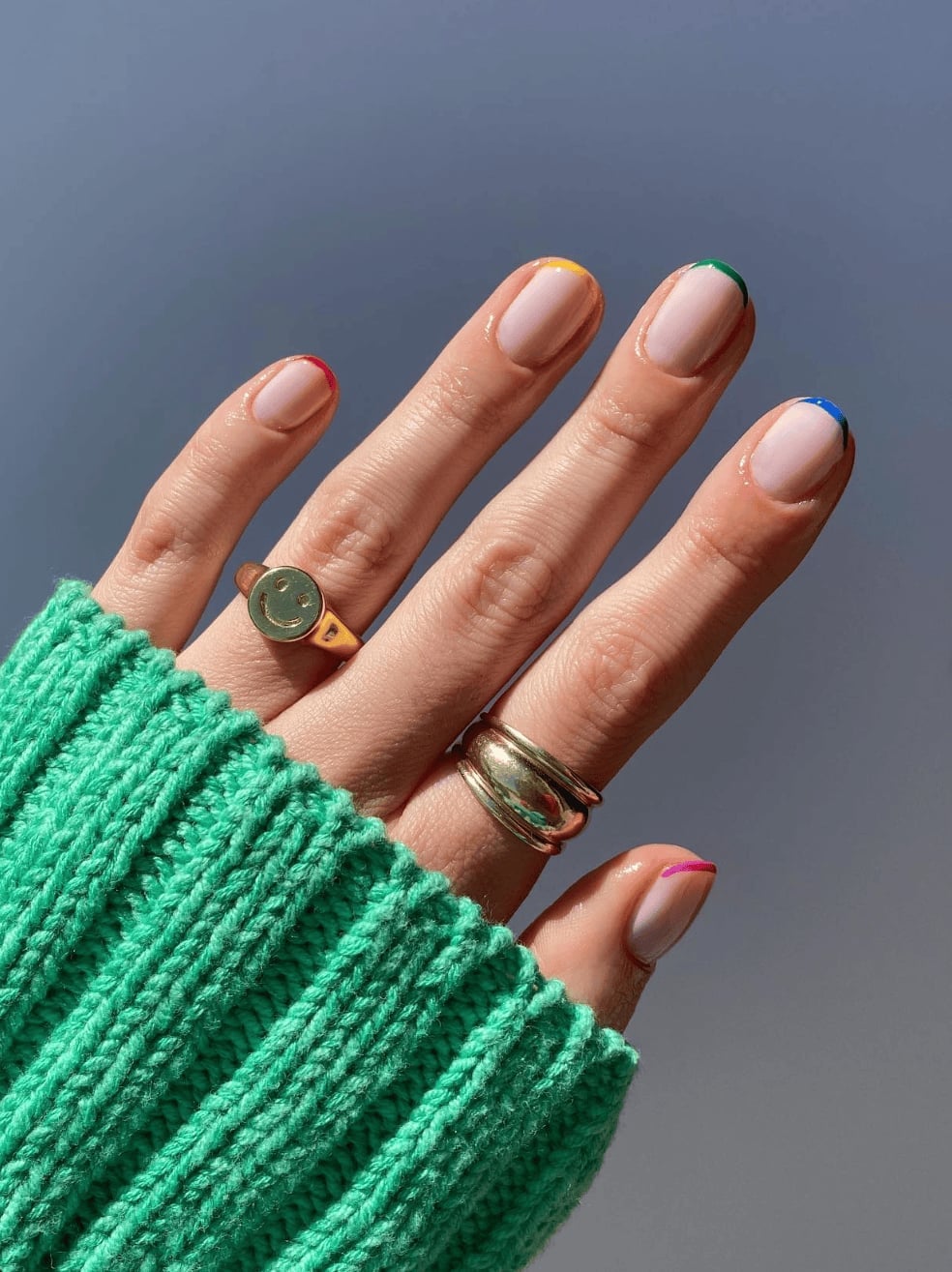 Thin Rainbow French Tips Short Oval — Simple Rainbow Nails