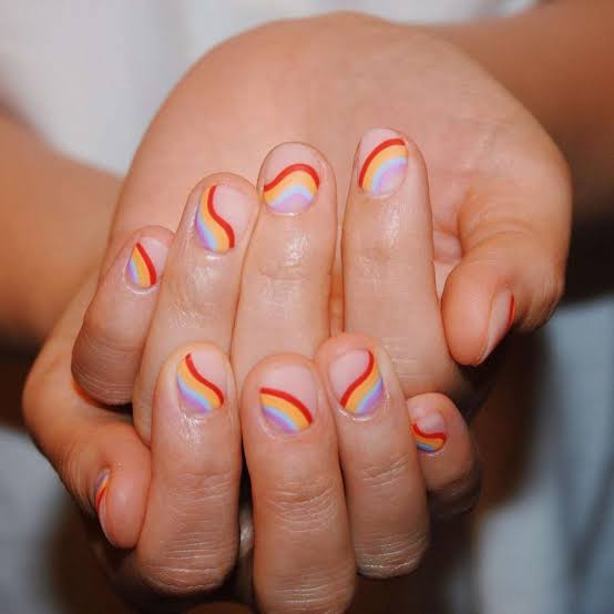 Pastel Rainbow Swirls Short Oval Accents — Simple Rainbow Nails