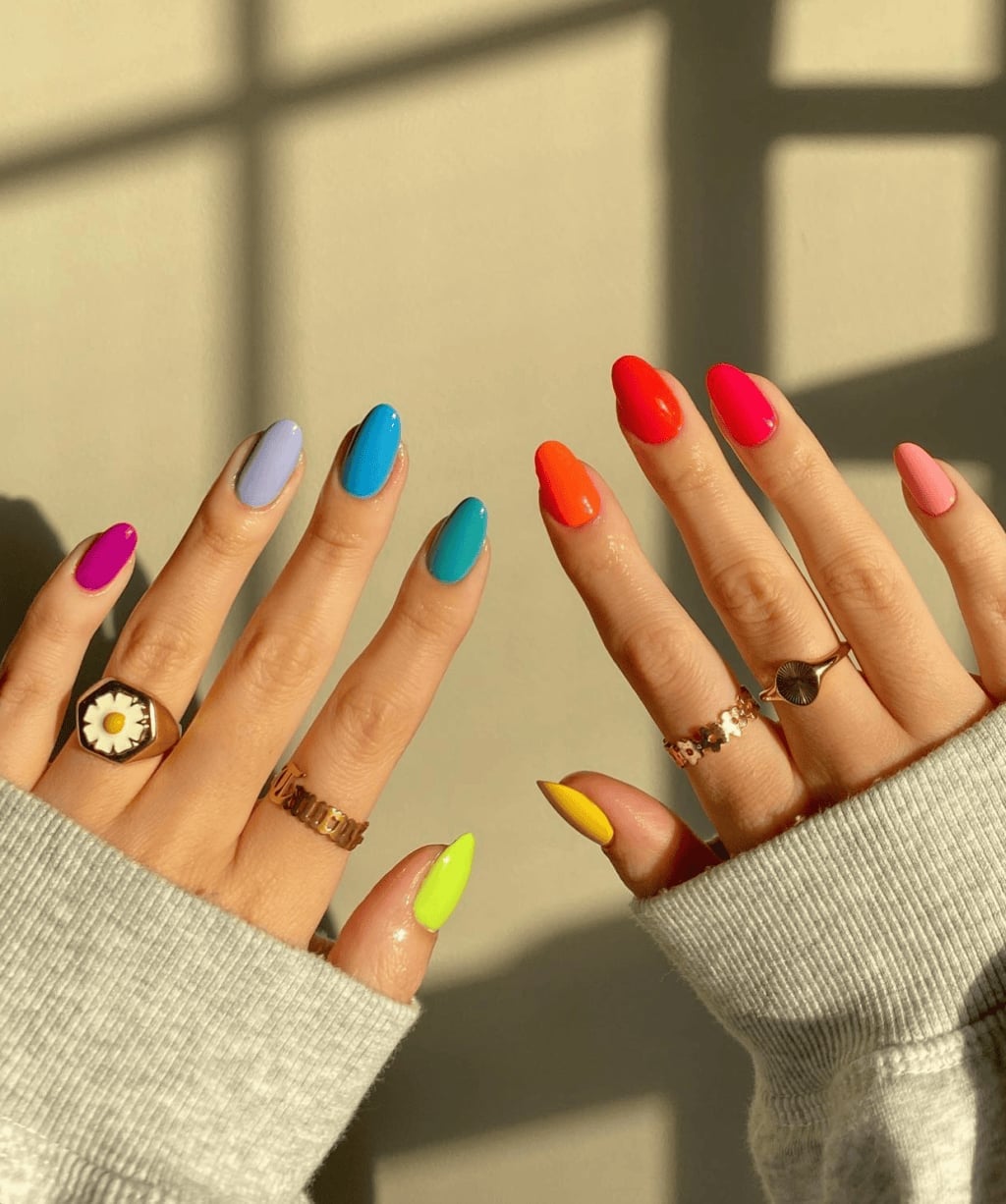 Vibrant Solid Rainbow Colors Medium Almond — Simple Rainbow Nails