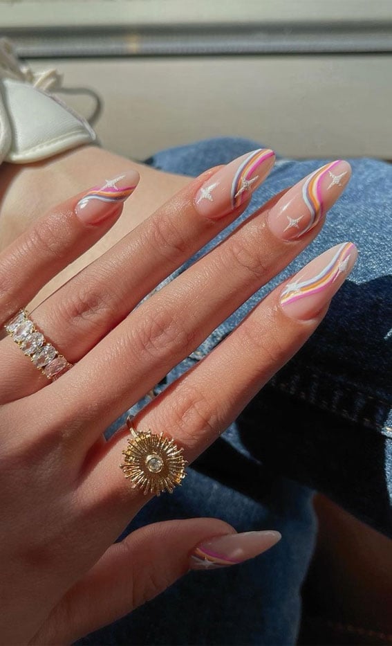 Pastel Rainbow Wavy Lines Long Stiletto — Simple Rainbow Nails