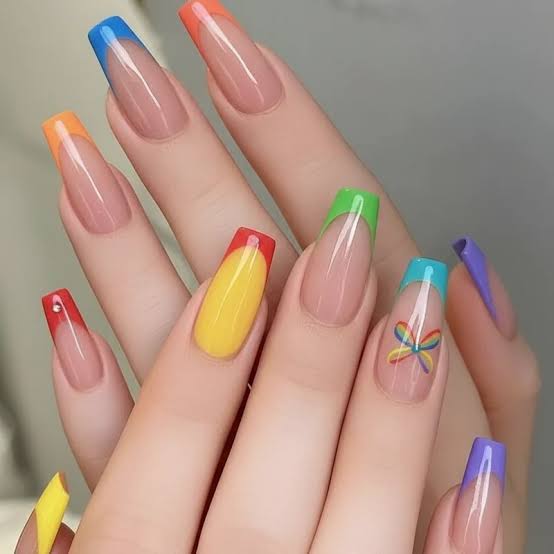 Rainbow French Tips and Butterfly Long Square — Simple Rainbow Nails