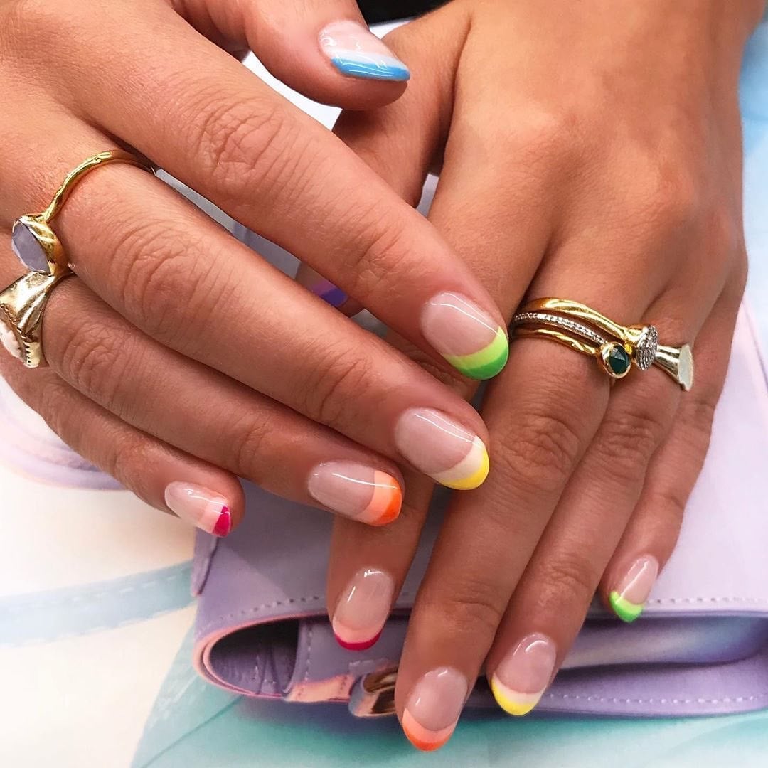 Rainbow Stripe French Tips Short Rounded Square — Simple Rainbow Nails