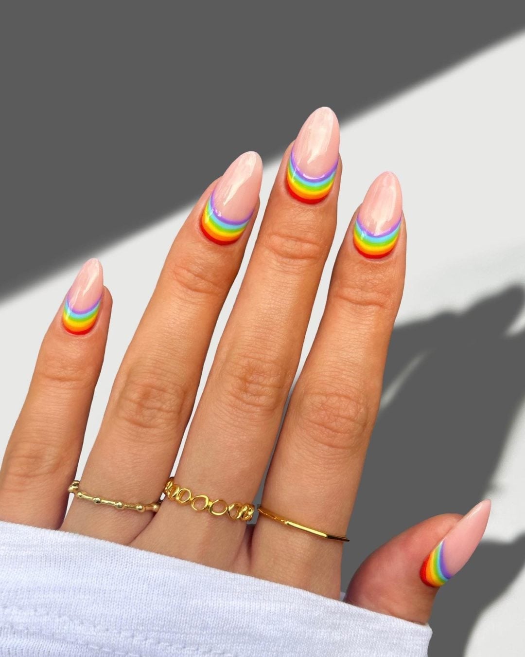 Delicate Rainbow French Tips Medium Almond — Simple Rainbow Nails