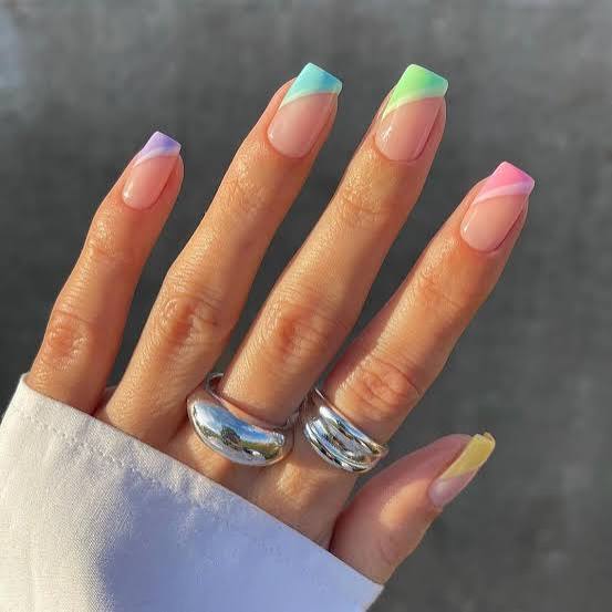 Pastel Rainbow French Tips Long Square, Glossy — Simple Rainbow Nails