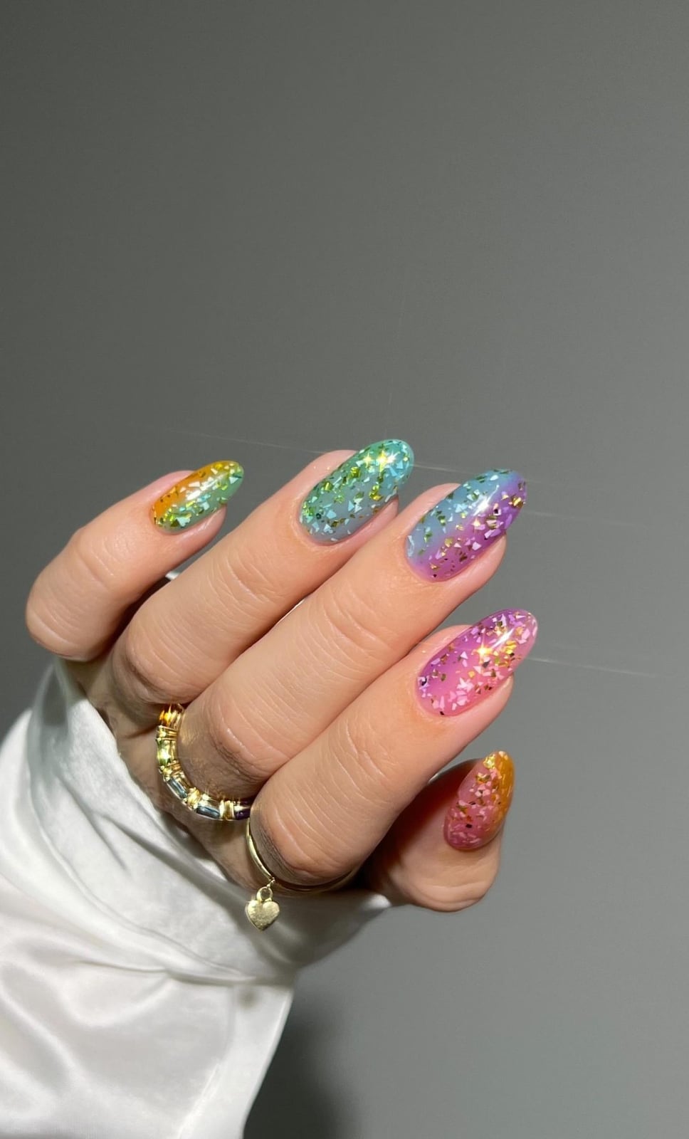 Jelly Rainbow Glitter Medium Oval Nails — Simple Rainbow Nails