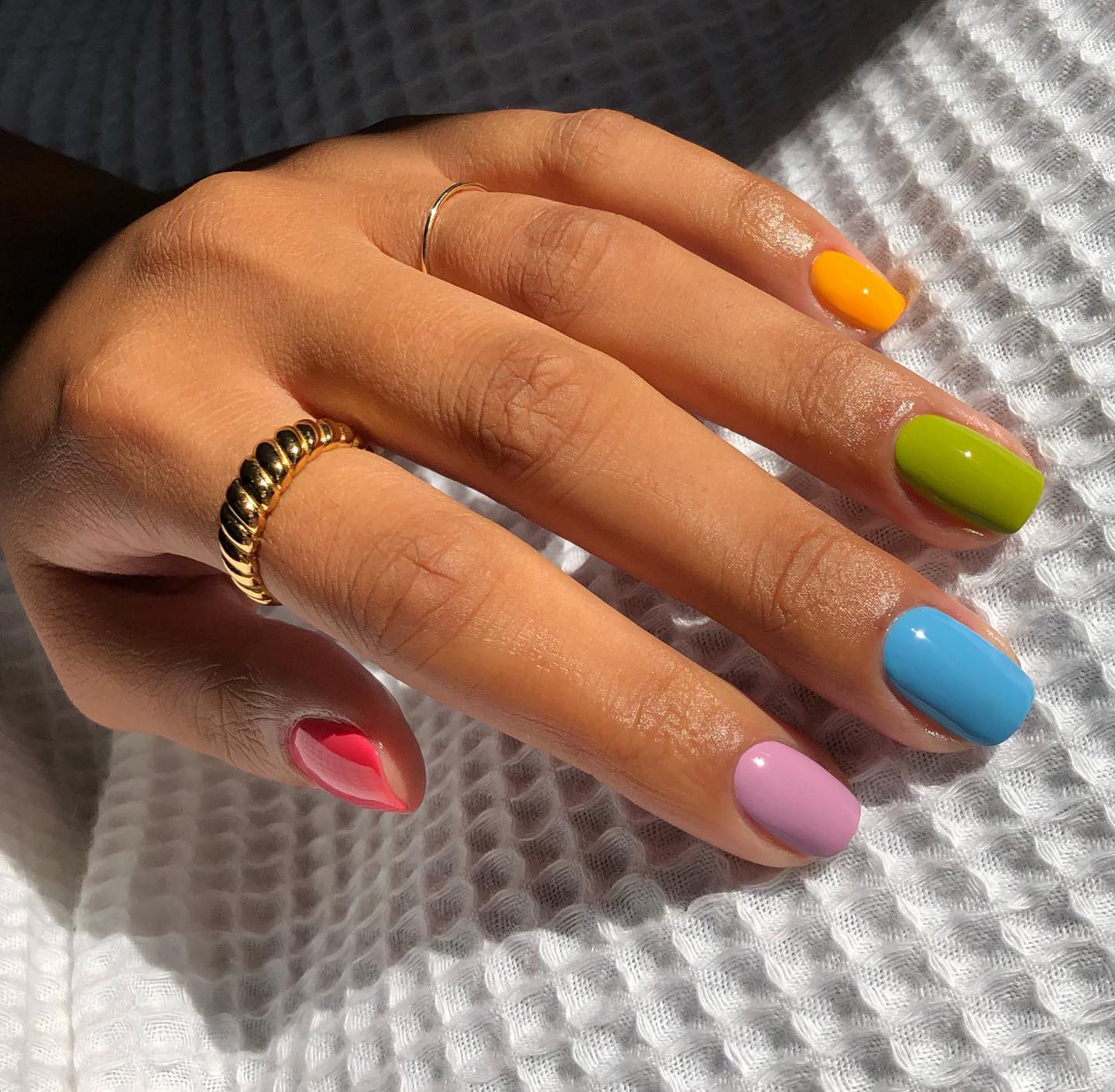 Solid Multi-Color Short Almond Nails — Simple Rainbow Nails