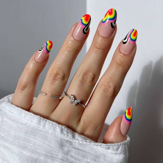 Rainbow French Tips and Swirls Long Almond — Simple Rainbow Nails